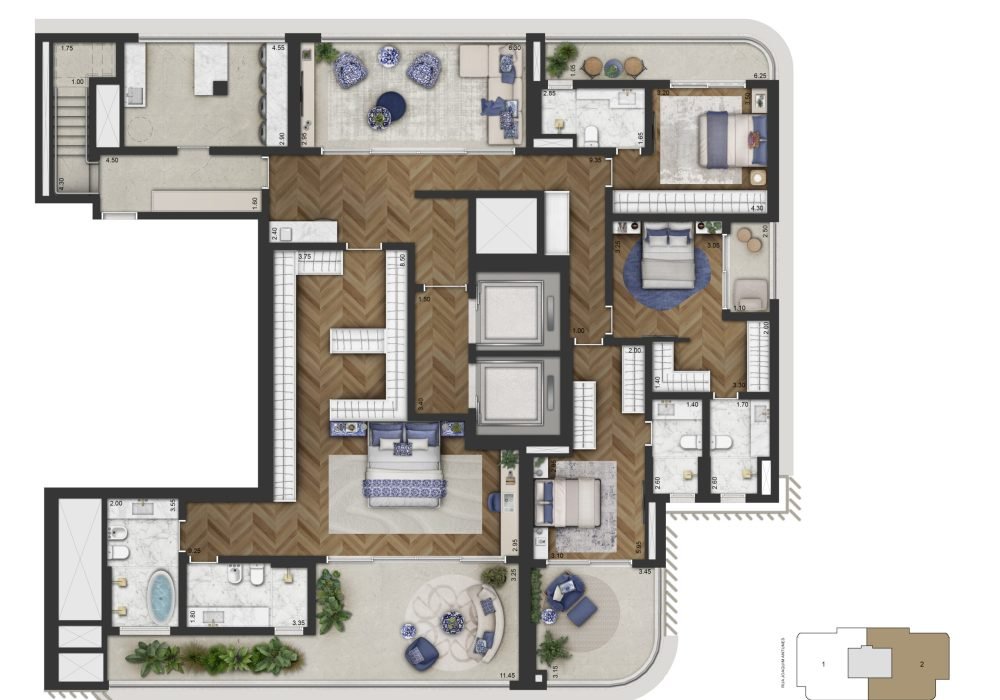 Planta Padrão Final 01 Duplex Inferior 591.5m²